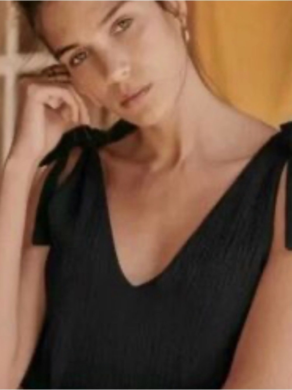 Sezane Black Ribbed Tie-Shoulder V-Neck Top